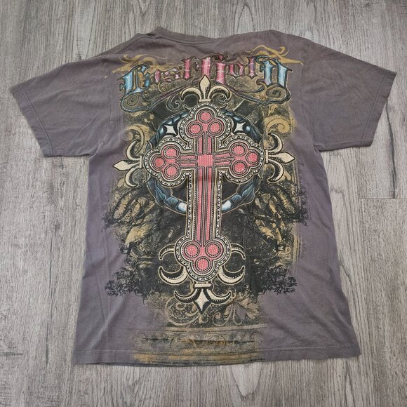 Christian Cross Graphic T-Shirt Gray Distressed Gothic – Men’s M - Picture 7 of 7